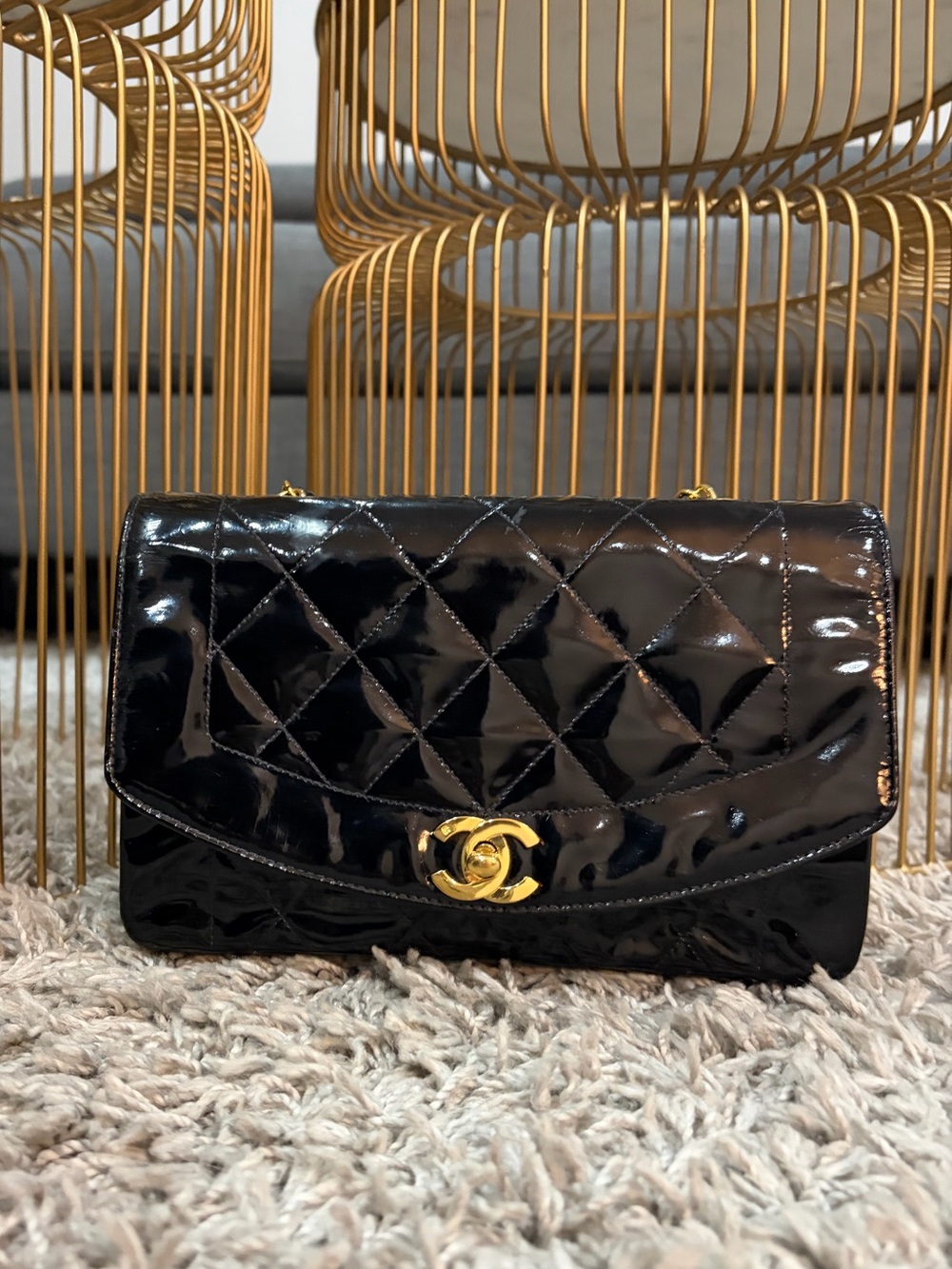 CHANEL Black Patent Leather Diana Bag with Gold Hardware